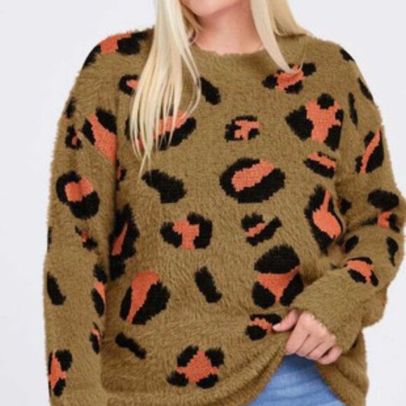 DAVI & DANI  ANIMAL PRINT ROUND NECK LONG SLEEVE SWEATER - Picture 1 of 4